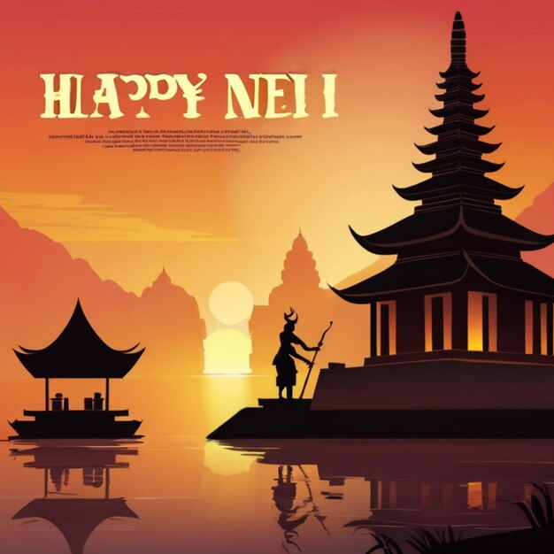 Illustrazione della silhouette del tempio di Serene Nyepi Day al tramonto