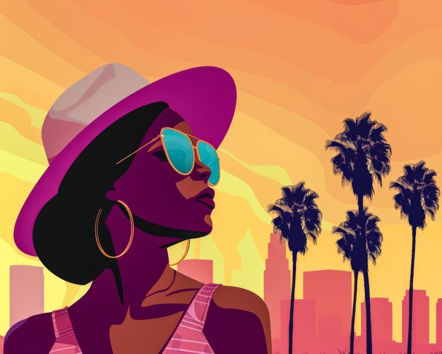 Illustrazione della silhouette di una donna afroamericana sopra lo skyline di una città