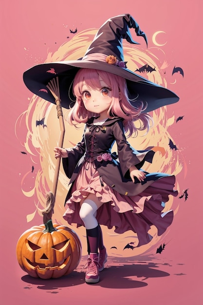 Illustrazione della strega rosa di Halloween in stile anime