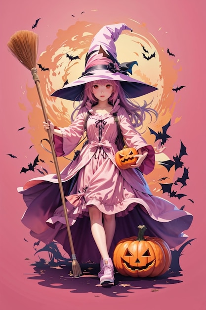 Illustrazione della strega rosa di Halloween in stile anime