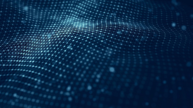 Illustrazione della tecnologia dei dati Ondata con punti e linee di connessione su sfondo scuro Ondata di particelle rendering 3D