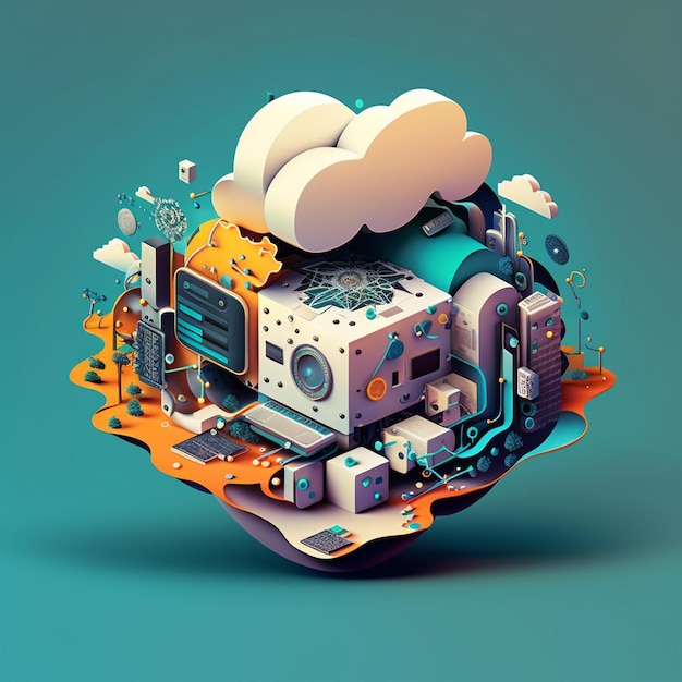 Illustrazione della tecnologia di cloud computing creata con l'intelligenza artificiale generativa