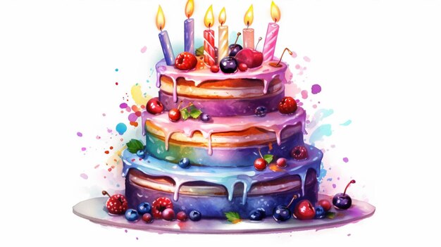 Illustrazione della torta di compleanno dell'acquerello