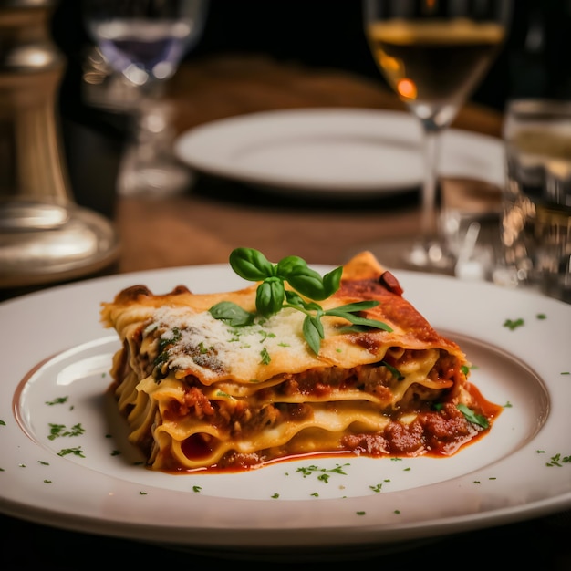 Illustrazione della tradizionale lasagna alla bolognese sul tavolo del ristorante Piatto di cucina italiana AI generativa