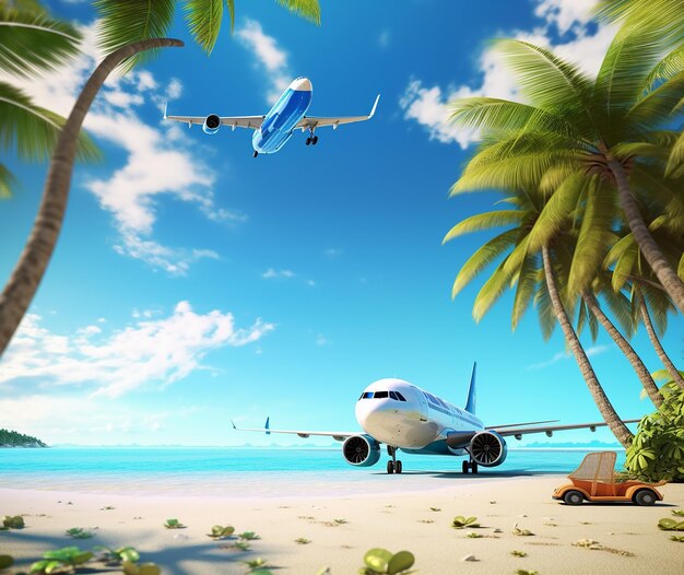 Illustrazione della vacanza su una spiaggia soleggiata tropicale e una bella sabbia in aereo