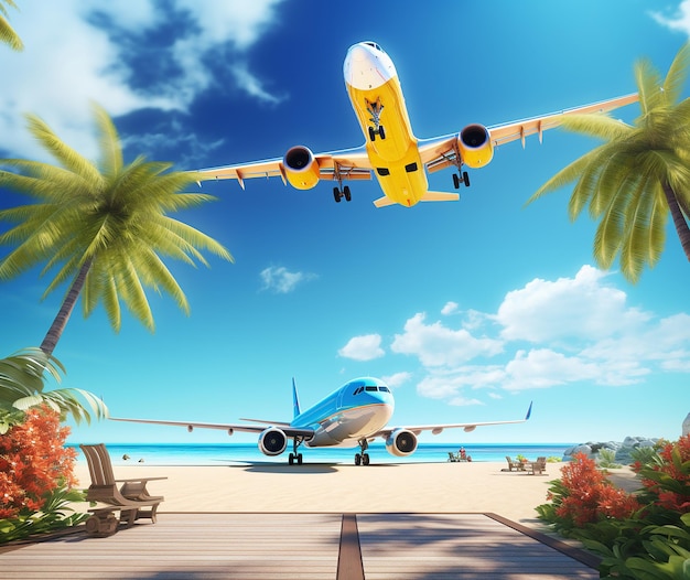 Illustrazione della vacanza su una spiaggia soleggiata tropicale e una bella sabbia in aereo