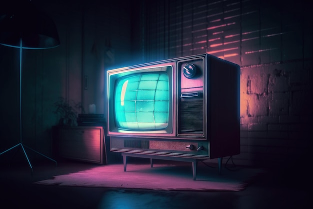 Illustrazione della vecchia tv in stile retrò anni '80 e '90 vaporwave IA generativa