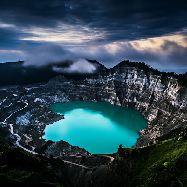 illustrazione della vista cinematografica del lago Kelimutu, illuminazione cinematografica, shoo