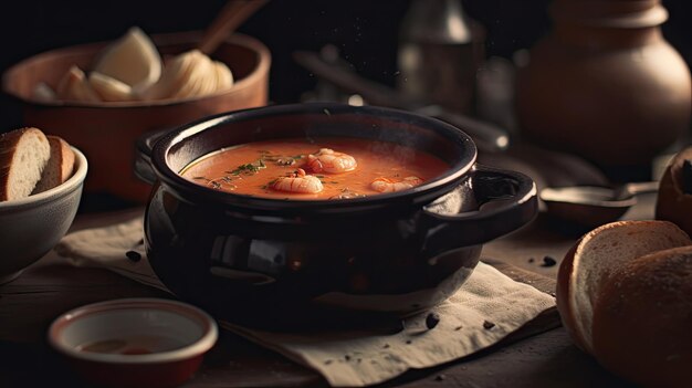 Illustrazione della zuppa calda servita con una grande ciotola