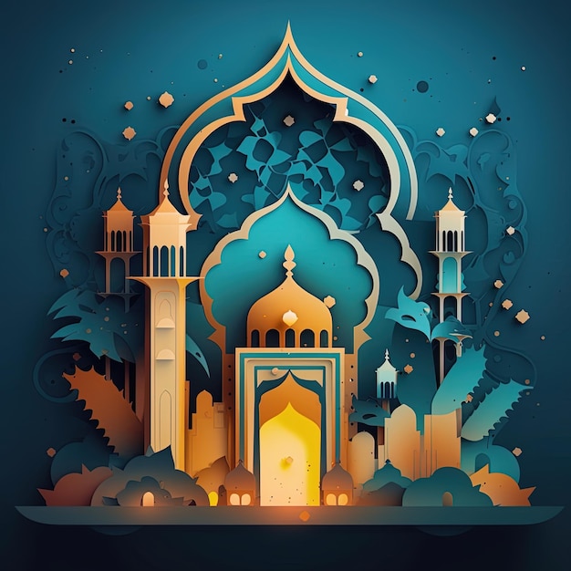 Illustrazione delle cartoline d'auguri del Ramadan con un design minimalista in colori vivaci