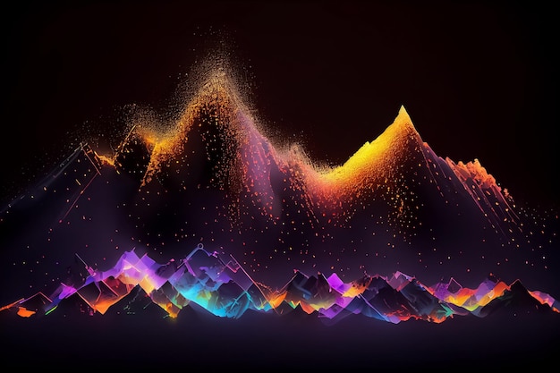 Illustrazione delle montagne in colori al neon su sfondo scuro AI