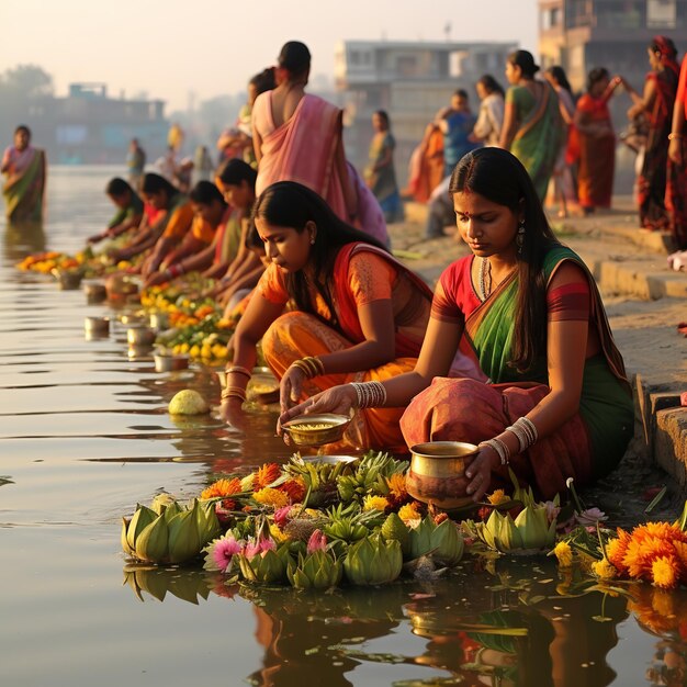 illustrazione delle offerte a Dio durante la festa di Chhath Puja