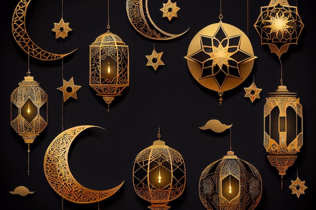 Illustrazione delle tradizionali lanterne illuminate Ramadan Kareem dorate su uno sfondo scuro
