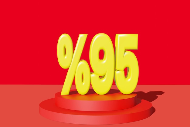 Illustrazione dello sconto del 95% nell'illustrazione 3D di colore giallo con sfondo rosso e spazio per la copia