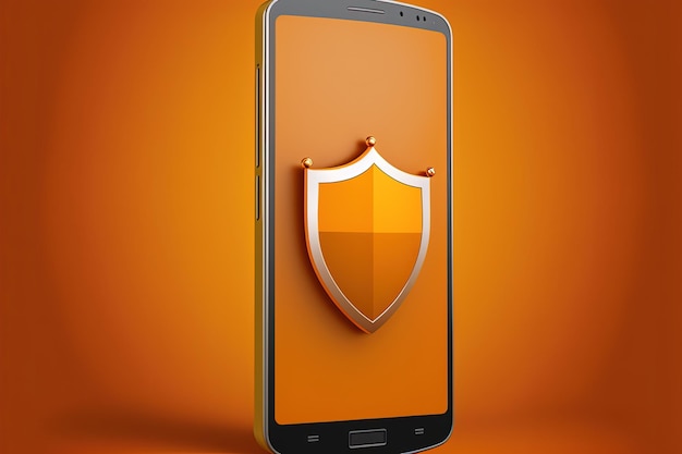 Illustrazione dello scudo antivirus sullo schermo dello smartphone su sfondo arancione. IA generativa