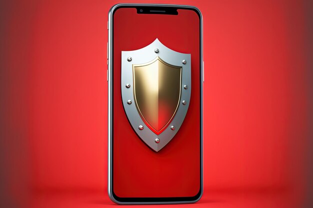 Illustrazione dello scudo antivirus sullo schermo dello smartphone su sfondo rosso. IA generativa