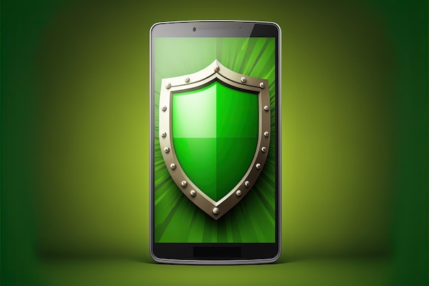 Illustrazione dello scudo antivirus sullo schermo dello smartphone su sfondo verde. IA generativa