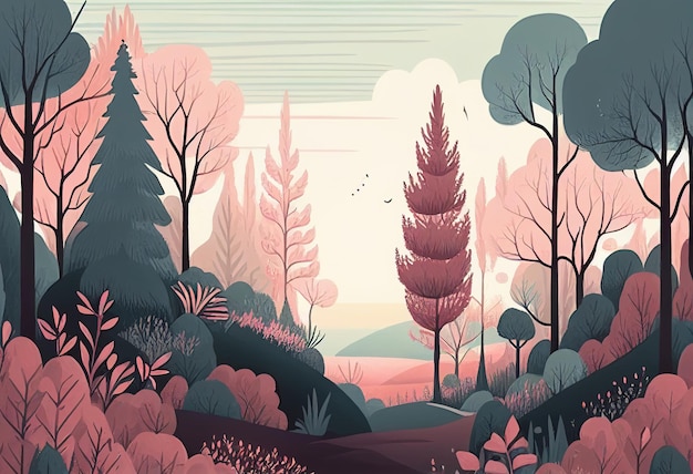 Illustrazione dello sfondo del paesaggio forestale Paesaggio dal design piatto minimalista IA generativa