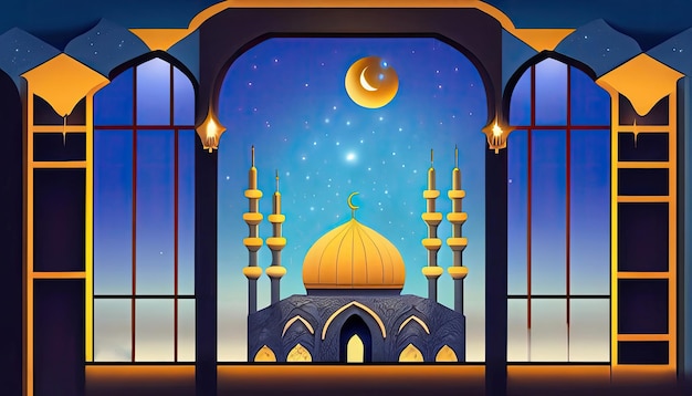 Illustrazione dello sfondo dell'Eid al-Adha con la luna e le stelle della moschea