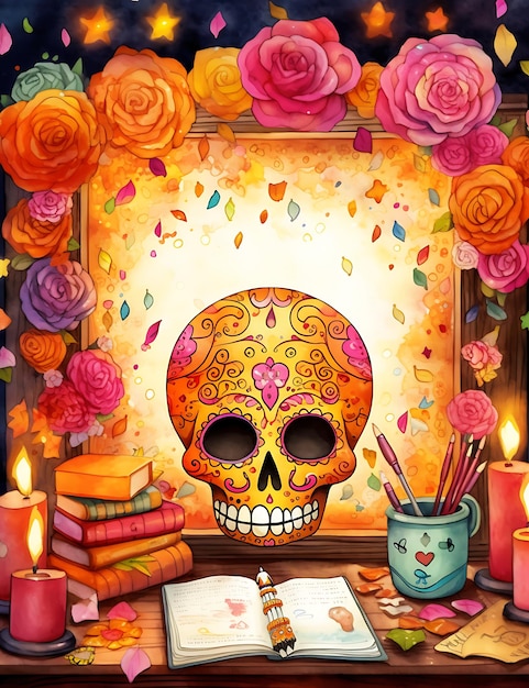 Illustrazione dello sfondo della cornice del dia de los muertos con scheletro Giorno del concetto morto