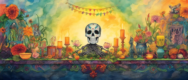 Illustrazione dello sfondo della cornice del dia de los muertos con scheletro Giorno del concetto morto