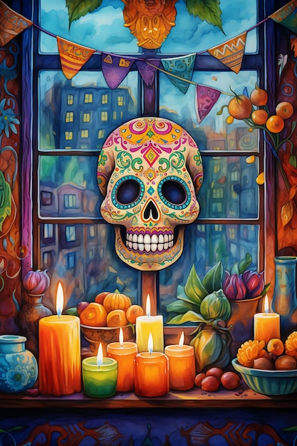 Illustrazione dello sfondo della cornice del dia de los muertos con scheletro Giorno del concetto morto