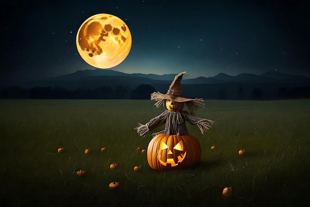 illustrazione dello spaventapasseri della zucca di Halloween su un ampio campo con la luna in una notte spaventosa