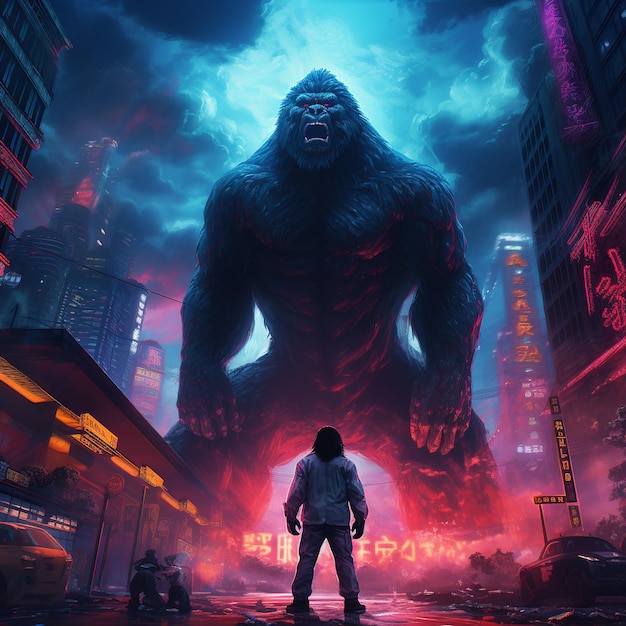 illustrazione dello stile anime di King Kong perse la moglie in stile neon