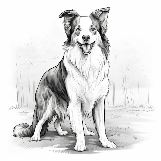 Illustrazione dettagliata del border collie nel bosco disegnata con competenza