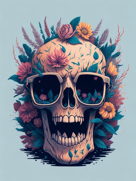 Illustrazione dettagliata di Dead Skull indossando occhiali da sole alla moda tshirt design fiore splash tshir