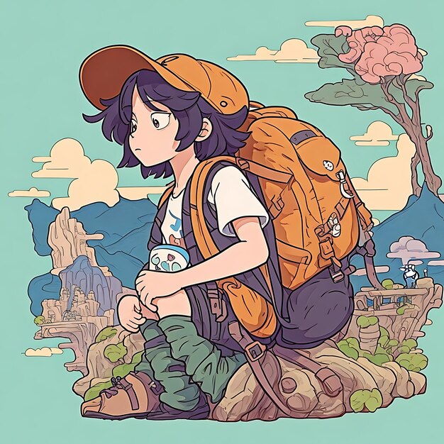 Illustrazione dettagliata di Hiker Ghibli Style Colorful Vector Art Fantasy Flair vettoriale Tshirt design