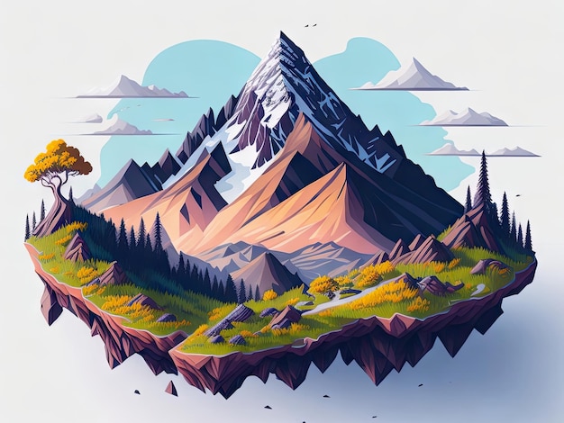 Illustrazione dettagliata di una maestosa montagna su sfondo bianco ai generativa