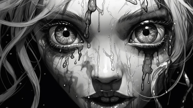 Illustrazione dettagliata in bianco e nero di una ragazza con gli occhi