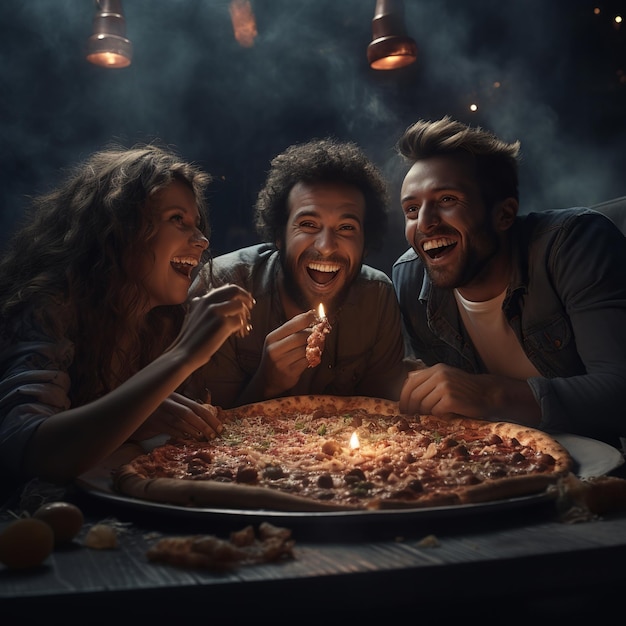 illustrazione di 3 persone sedute insieme a mangiare una deliziosa pizza