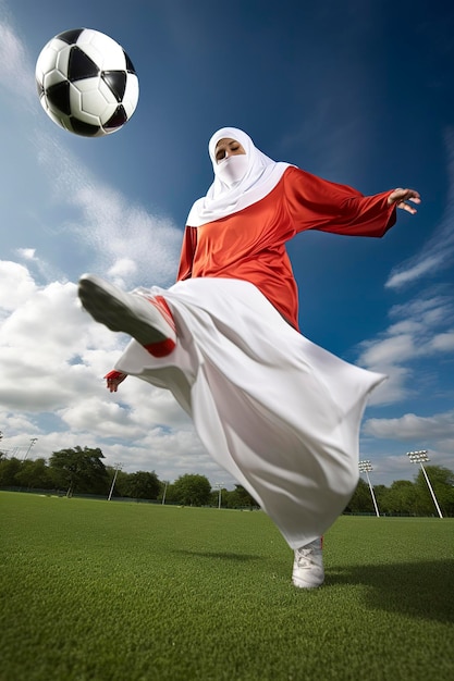 Illustrazione di AI generativa di giovani ragazze arabe vestite con djellaba e hijab che giocano a calcio