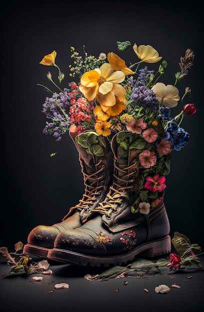 Illustrazione di AI generativa di stivali riciclati con fiori