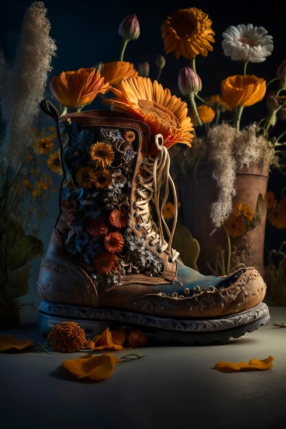 Illustrazione di AI generativa di stivali riciclati con fiori