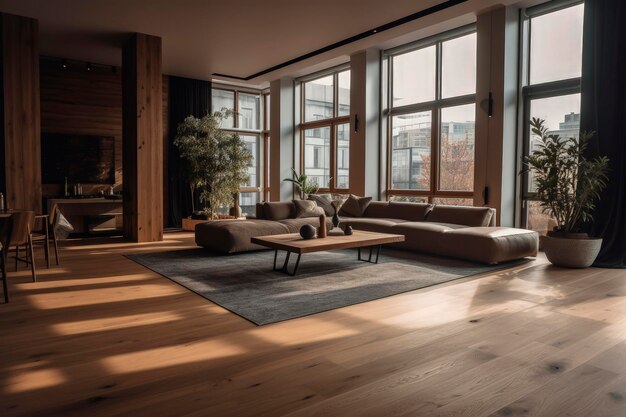 Illustrazione di AI generativa di un soggiorno con grandi finestre esterne e luce naturale costruito e arredato con materiali riciclati