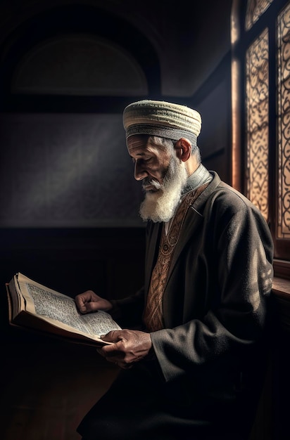Illustrazione di AI generativa di un uomo musulmano che legge il Corano nella moschea con la luce che entra da una finestra con un sentimento di pace spirituale