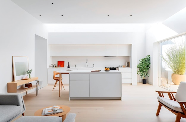 Illustrazione di AI generativa di una sala da pranzo con cucina a vista e mobili dal design moderno, luce naturale che entra dalle finestre