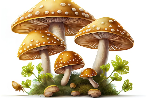 Illustrazione di alcuni funghi mosca davanti a sfondo bianco Ai generati