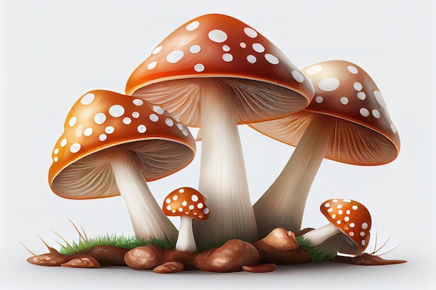 Illustrazione di alcuni funghi mosca davanti a sfondo bianco Ai generati