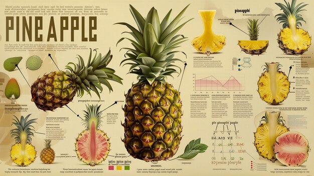 Illustrazione di ananas nello stile di un vecchio libro scientifico con infografiche