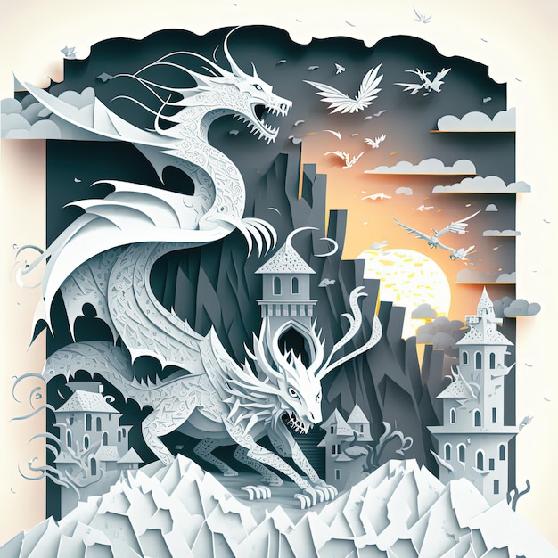 Illustrazione di arte del taglio della carta Idea celeste Castello e draghi scolpiti in carta immagine colorata illusione di profondità 3d multidimensionale