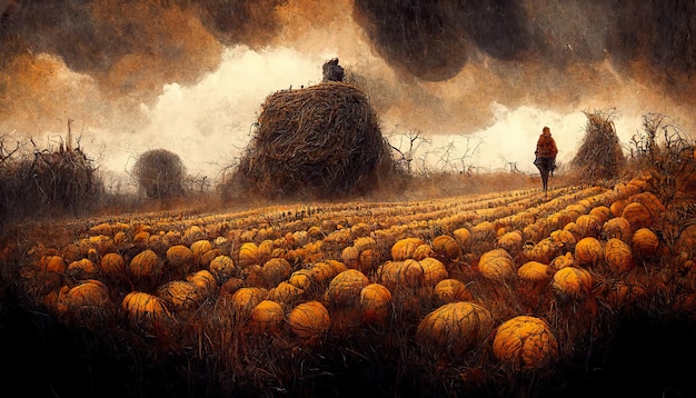 Illustrazione di arte di concetto del campo della zucca di halloween spettrale autunno autunno