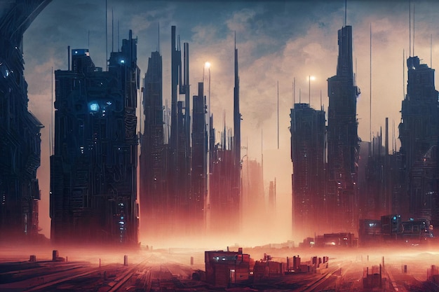 Illustrazione di arte di concetto di città cyberpunk apocalittica