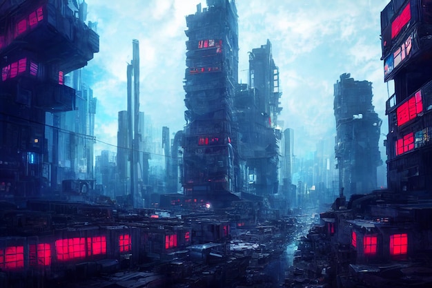 Illustrazione di arte di concetto di città cyberpunk apocalittica