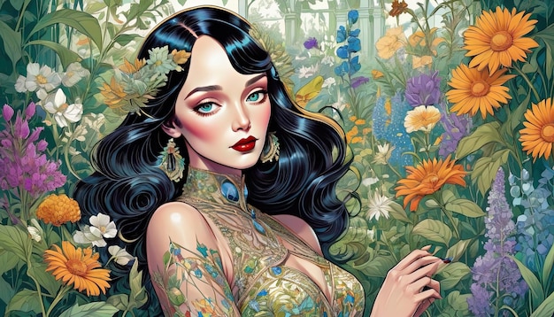 Illustrazione di arte digitale della bella ragazza con i fiori