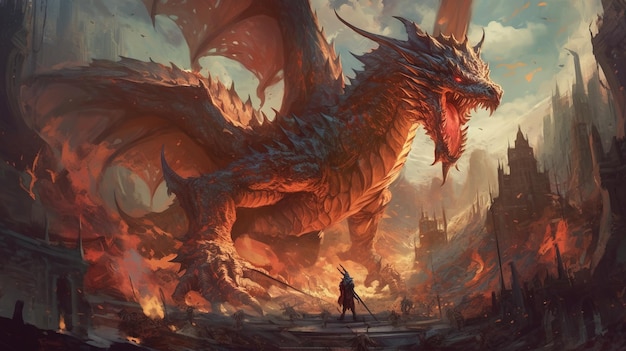 Illustrazione di arte digitale della guerra del drago che sputa fuoco feroce IA generativa