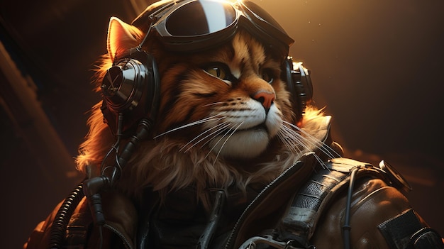 Illustrazione di arte digitale pilota di caccia gatto antropomorfo
